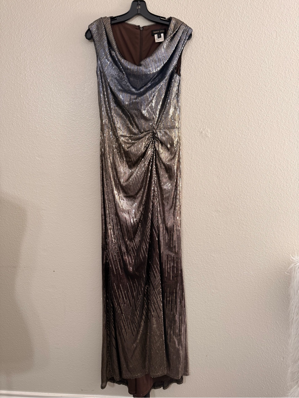Tadashi Shoji Metallic Gunmetal Silver Cowl Neck Evening Gown